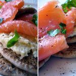 Blinis sans gluten au sarrasin servis avec une crème d'artichaut et de la truite fumée