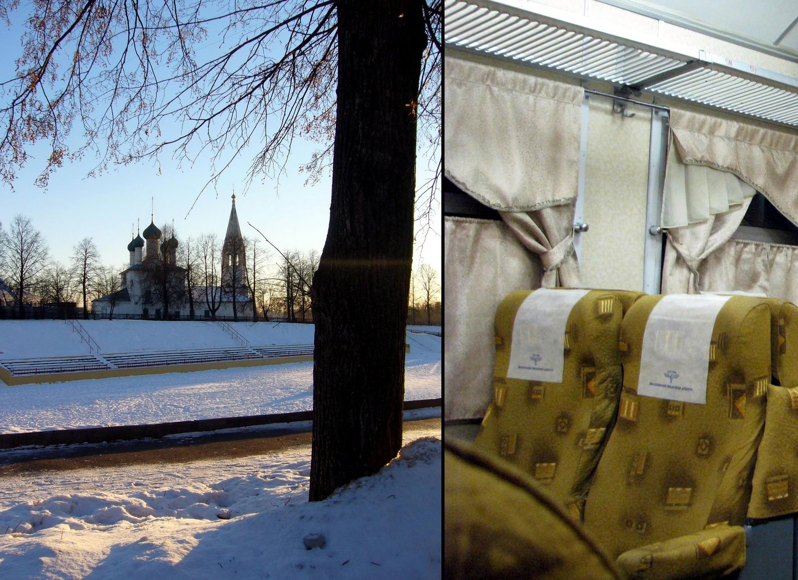Eglise orthodoxe à Iaroslavl dans un vue enneigée d'après-midi du mois de décembre. 
A droite, sièges du train qui part de Moscou jusqu'à Iaroslavl.