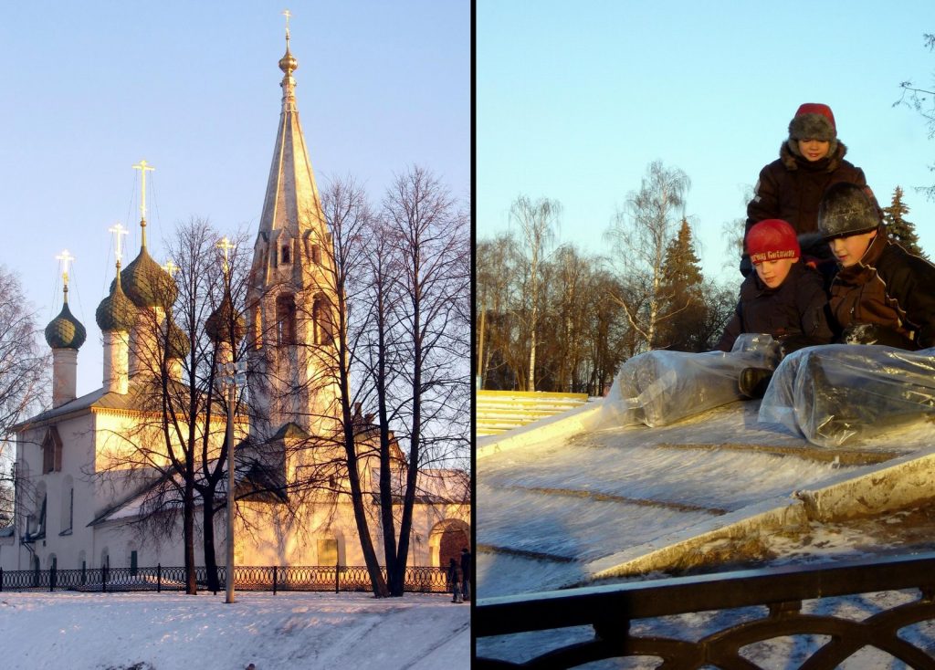 Iaroslavl : l'église orthodoxe dans le kremlin et les enfants fait de la luge sur la neige. 