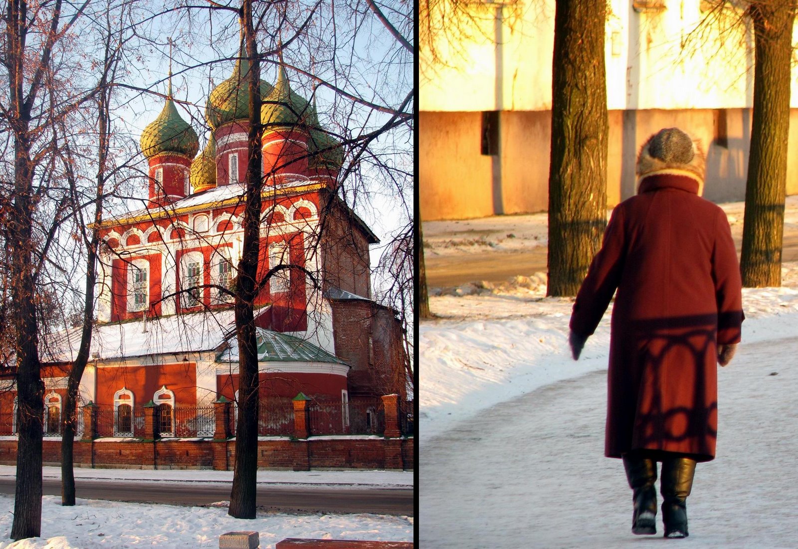 Kremlin de Iarloslavl et dame de dos marchant sur un chemin enneigé.