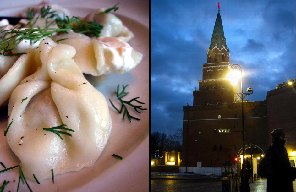 Assiette de pelmeni et vue du Kremlin à Moscou