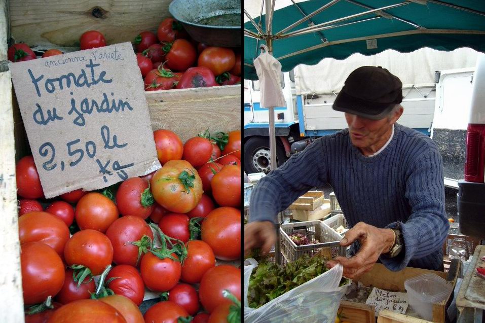 Tomate du jardin d'un maraîcher ayant un stand au marché de La Croix-rousse à Lyon. Maraîcher en train de servir des légumes à un client. 