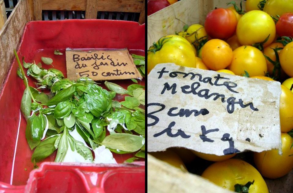 Basilic du jardin et caisse de tomates jaunes, marché de La Croix-rousse à Lyon