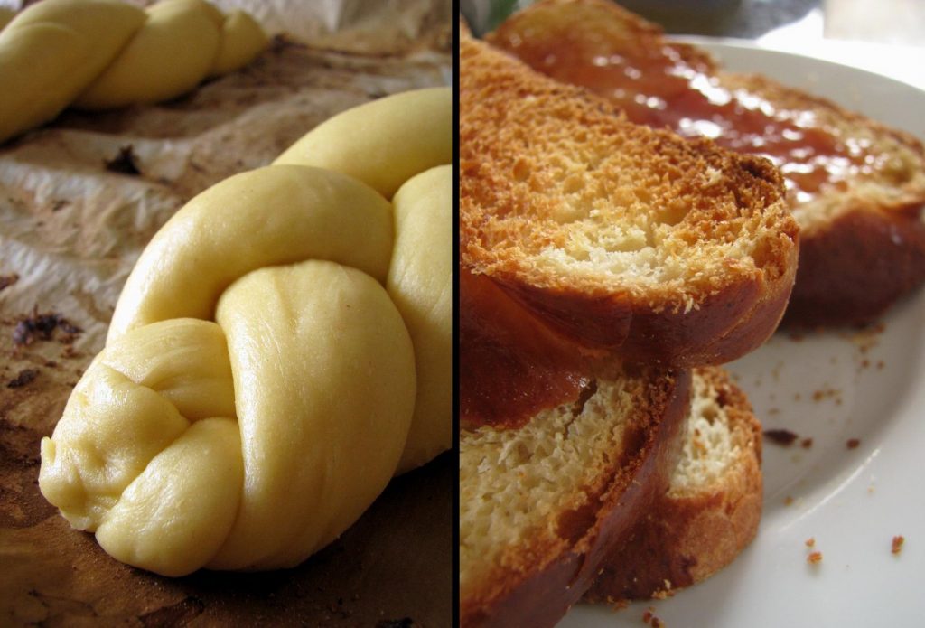 Brioche tressée avant cuisson et après cuisson coupée en tranches et dorée au grille-pain. 