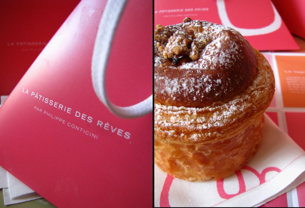 A gauche, boîte de dessert de la pâtisserie de rêves. A droite, brioche feuilletée Philippe Conticini
