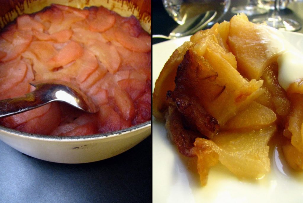 Poires et pommes confites en cocotte. Présentation à l'assiette des poires et pommes en römertopf servi avec de la crème fraîche. Ecole de cuisine Alain Ducasse. 