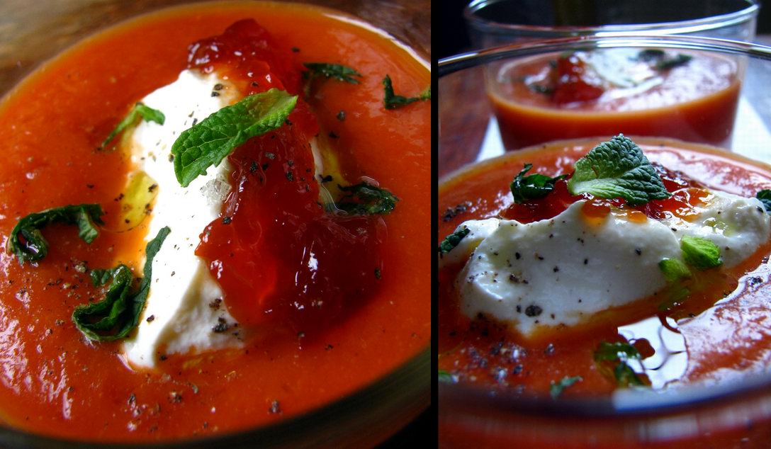 Gaspacho maison revisité avec des tomates, du poivron rouge et servi avec une quenelle de ricotta, de la confiture de piment d'Espelette et des feuilles de menthe pour la fraîcheur. Une recette facile et très rafraîchissante. 