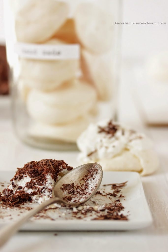 Cuillère avec un reste de merveilleux : un dessert gourmand à base de meringue, chantilly et copeaux de chocolat.