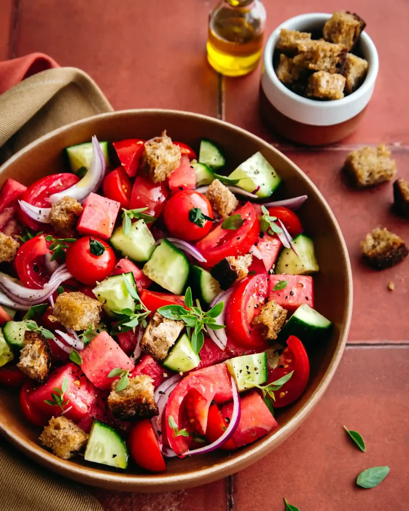 Salade panzanella ig bas tomate, concombre, pain au levain maison et pastèque. Rafraichissant et facile à faire