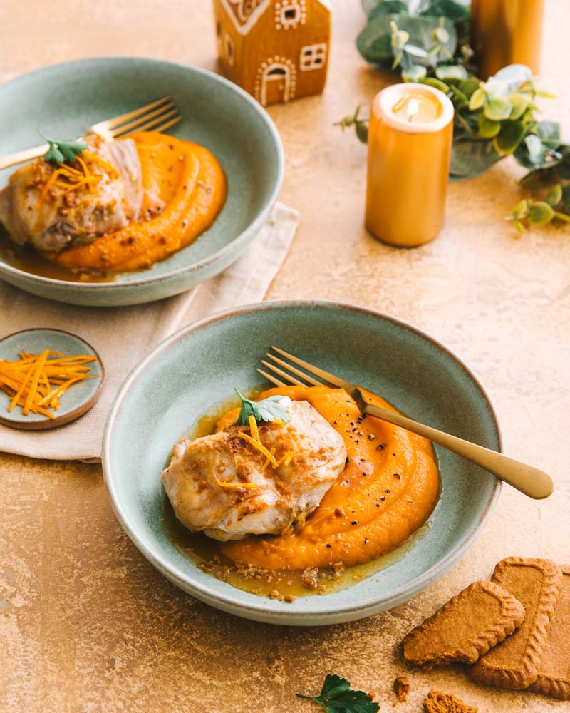 Râbles de lapin sauce à l'orange et speculoos, accompagnée d'une purée de patate douce à l'orange